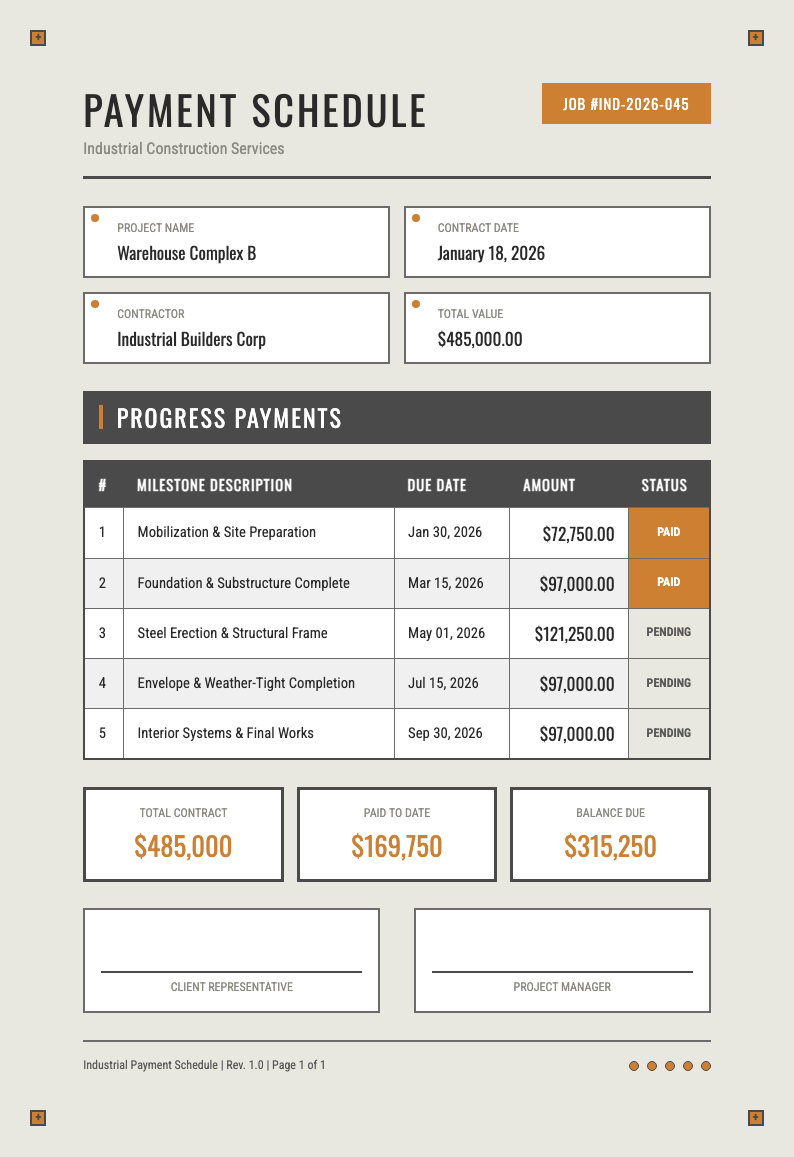 Industrial payment schedule